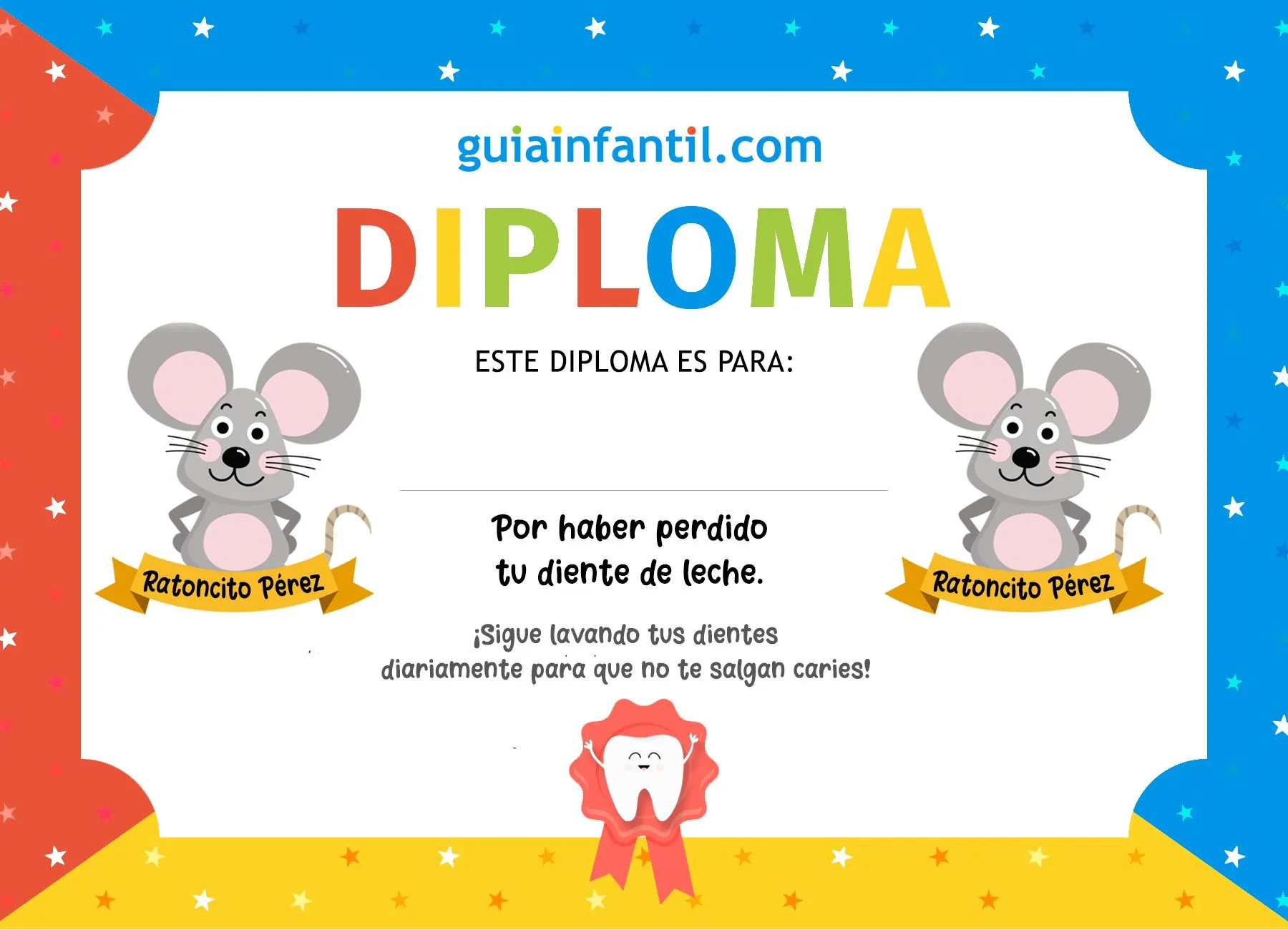 Diploma del Ratoncito Pérez para niños que pierden su primer diente Diploma del Ratoncito Pérez para niños que pierden su primer diente