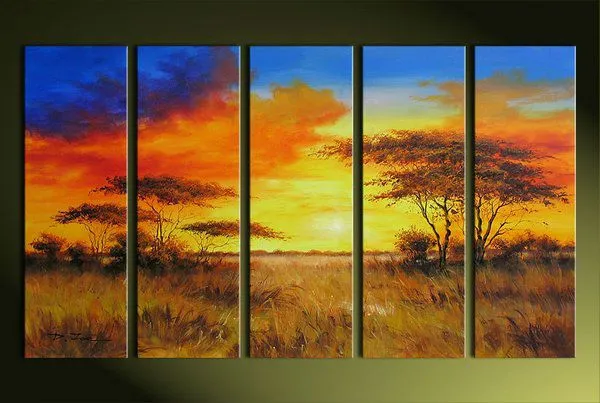 Cinco díptico pintura al óleo de la pradera paisaje puesta del sol ...