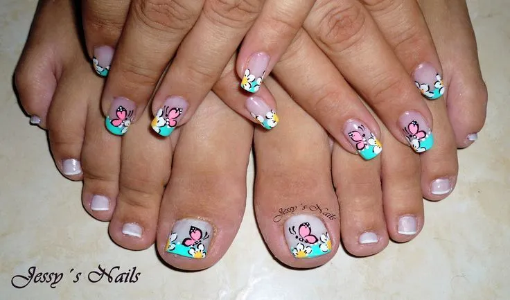 diseño para manos y pies con flores y mariposas #cute #nailart ...