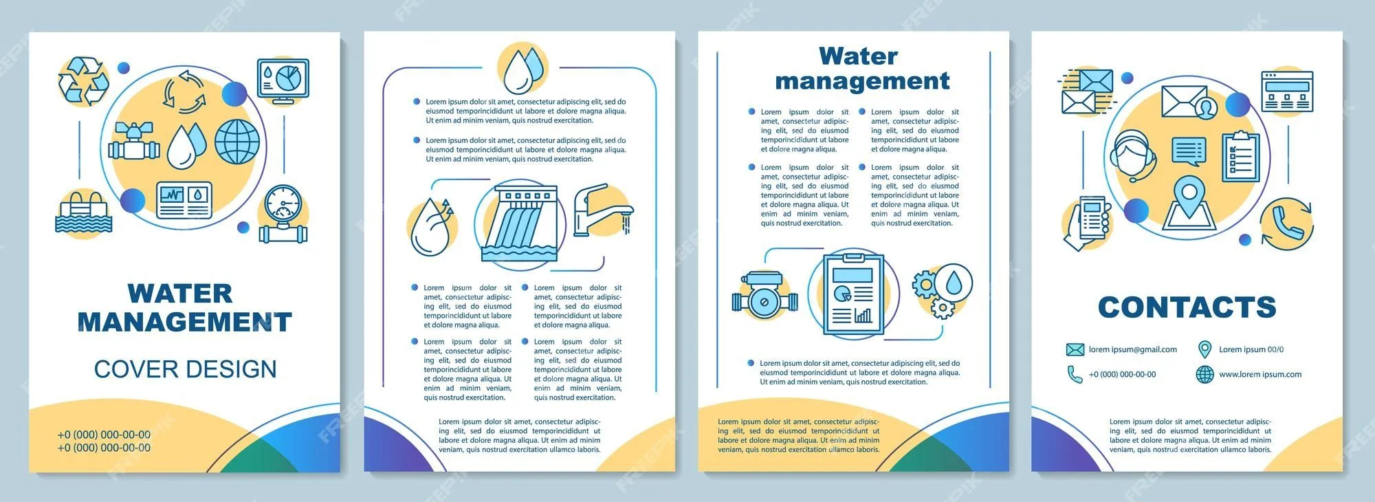 Diseño de plantilla de folleto de gestión del agua. flyer, folleto, diseño  de impresión de folletos. abastecimiento de agua y saneamiento.  hidroelectricidad. diseños de páginas vectoriales para revistas, informes  anuales, carteles publicitarios |