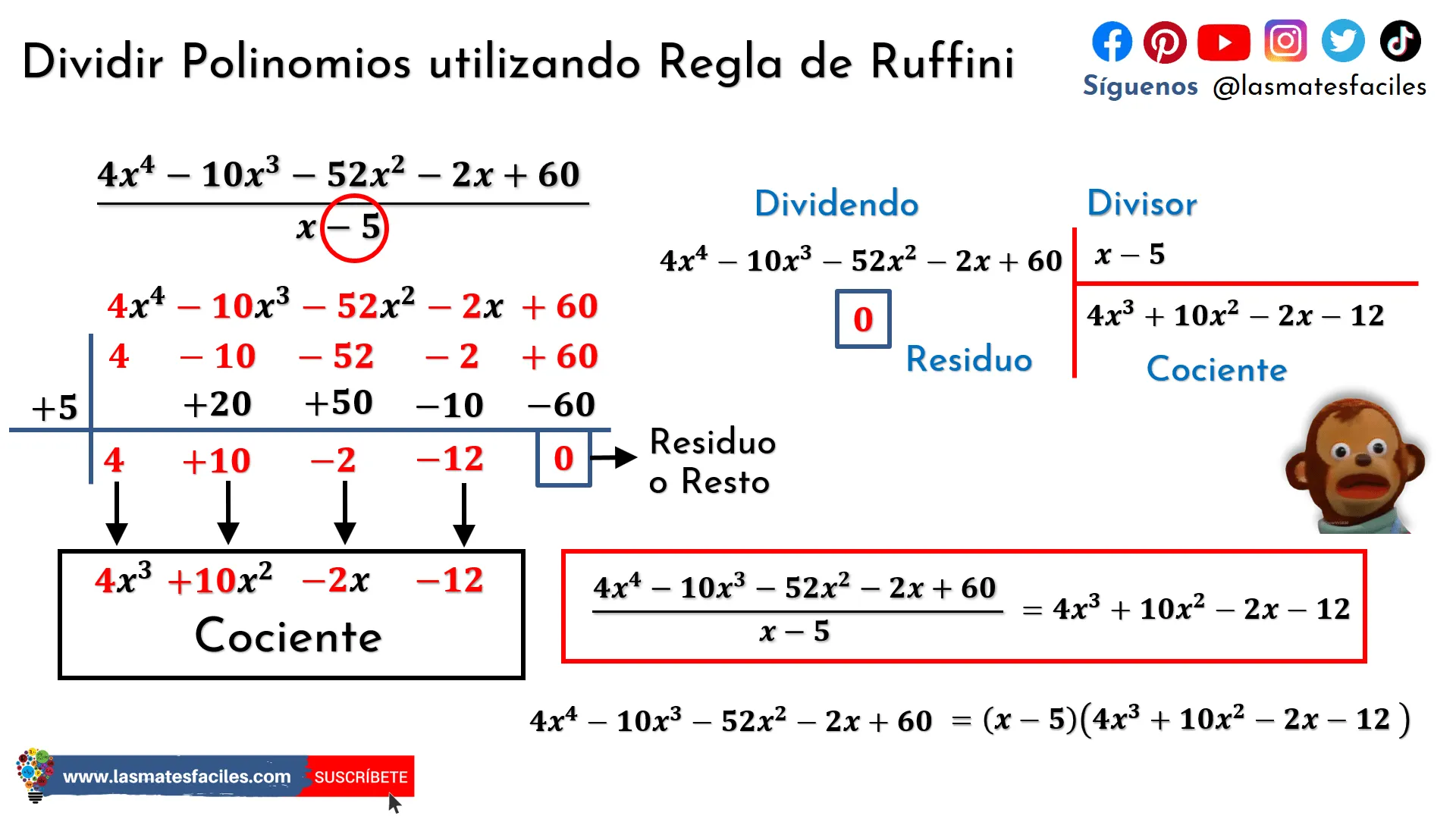 División de Polinomios - Regla de Ruffini - Ejemplo de división exacta -  Mates Fáciles