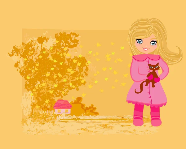 dulce niña en otoño parque y su gato — Ilustración de stock #13226896.