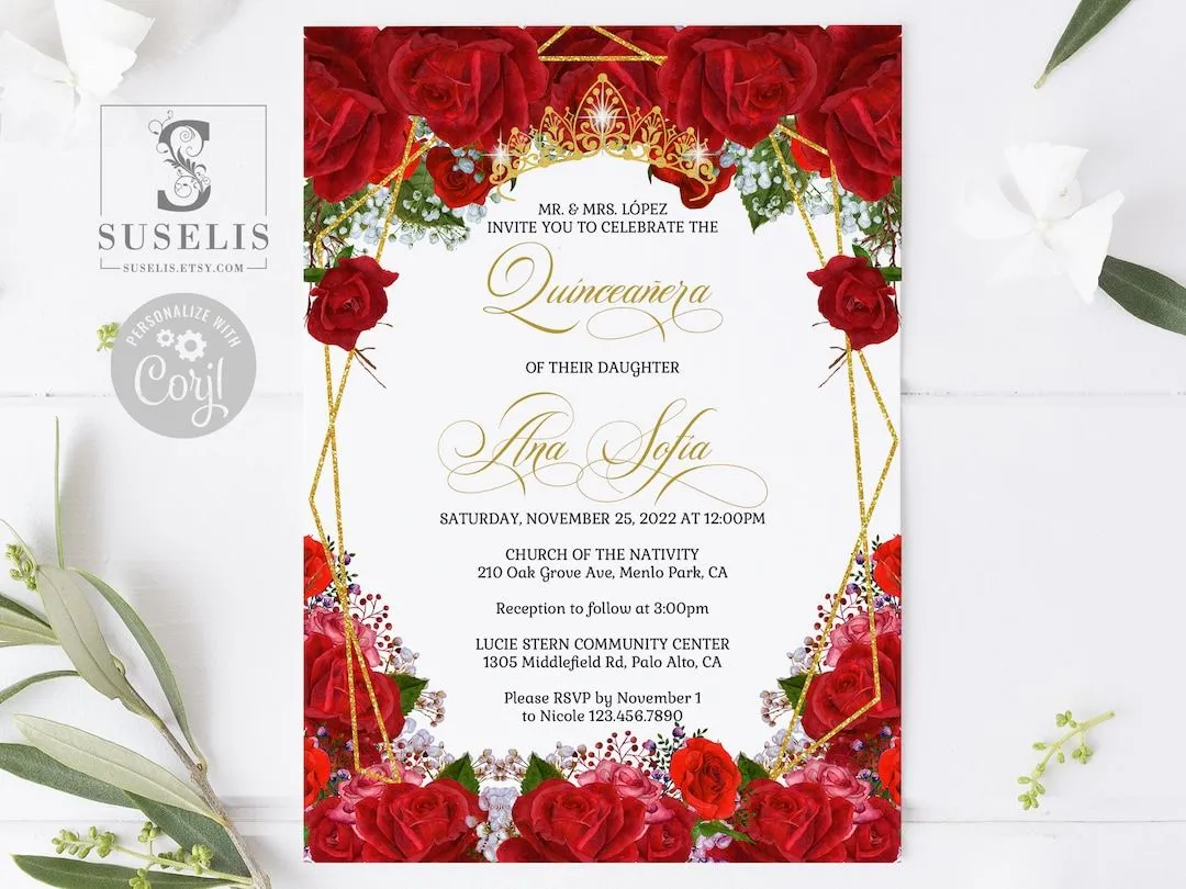 EDITABLE Quinceanera Invitation & Back Template Gold Red - Etsy México
