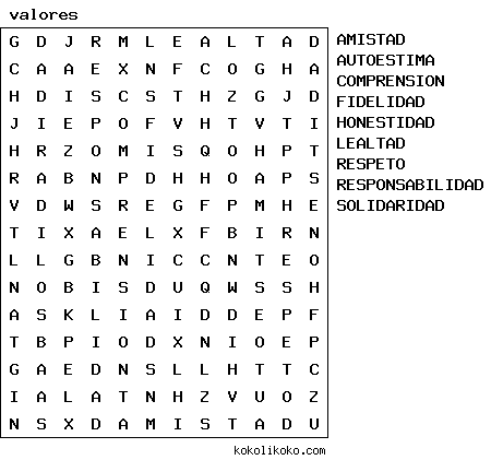 EDUCACION PARA LA CIUDADANIA: SOPA DE LETRAS SOBRE LOS VALORES