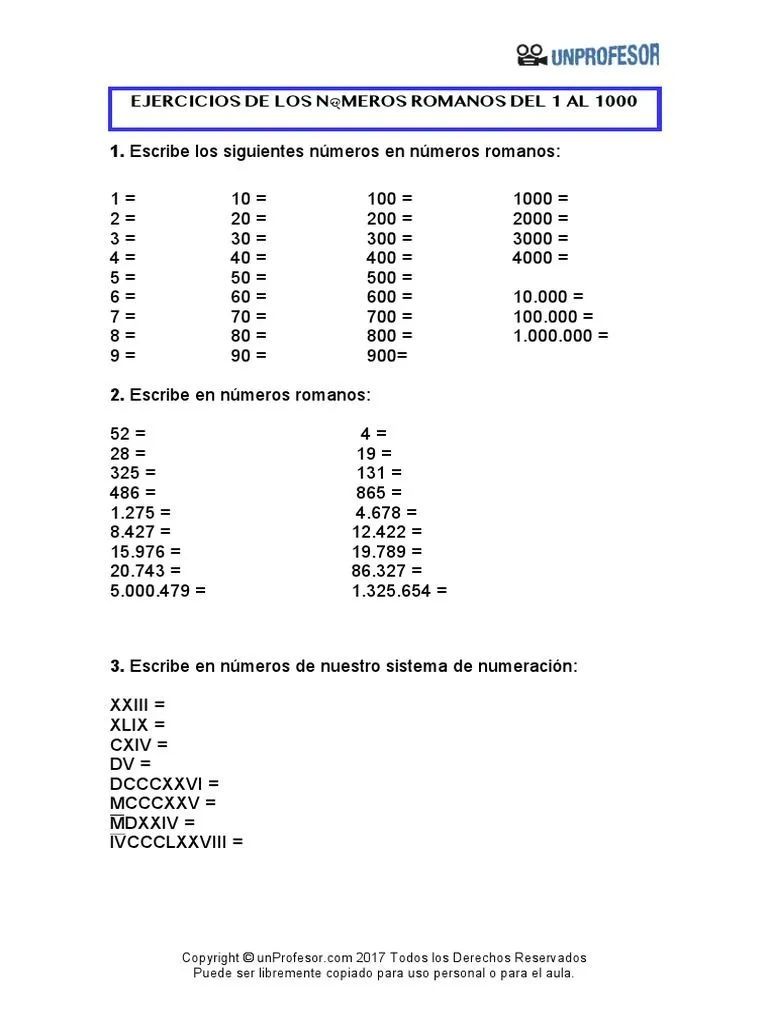 Ejercicio Los Numeros Romanos Del 1 Al 1000 1384 | PDF
