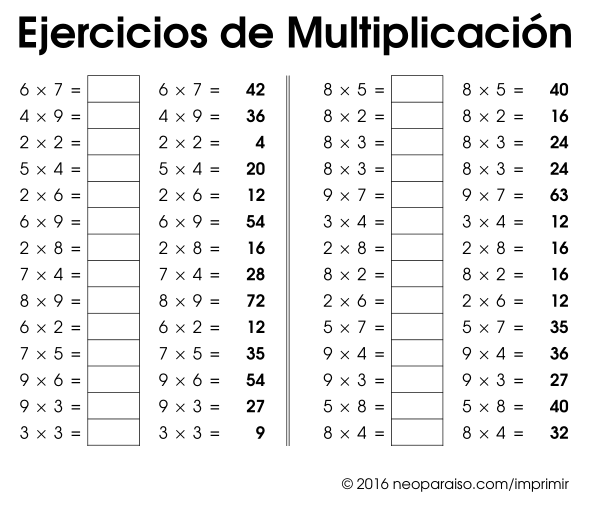 Ejercicios de Multiplicación para Imprimir