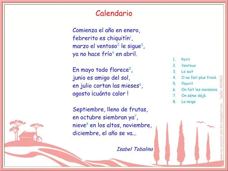 Me encanta escribir en español: poema | El calendario, los días de ...