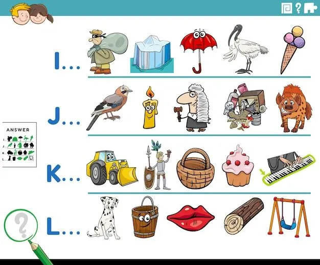 Encontrar imágenes que comiencen con una tarea de letras referidas para  niños con personajes y objetos | Vector Premium