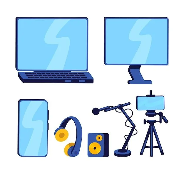 Equipo para conjunto de objetos de color plano de vlogger. smartphone,  computadora y micrófono. configuración de tecnología para grabar  ilustración de dibujos animados aislados de podcast para diseño gráfico web  y colección