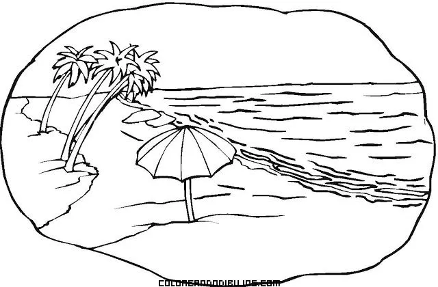 Escena de playa con palmeras para colorear