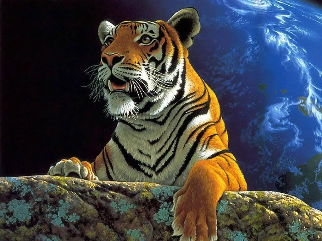 espectacular fondo de pantalla de un tigre con el mundo atras exelente ...