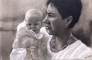 el espejo de María : retratos. madre e hija. caboncillo 65x50.