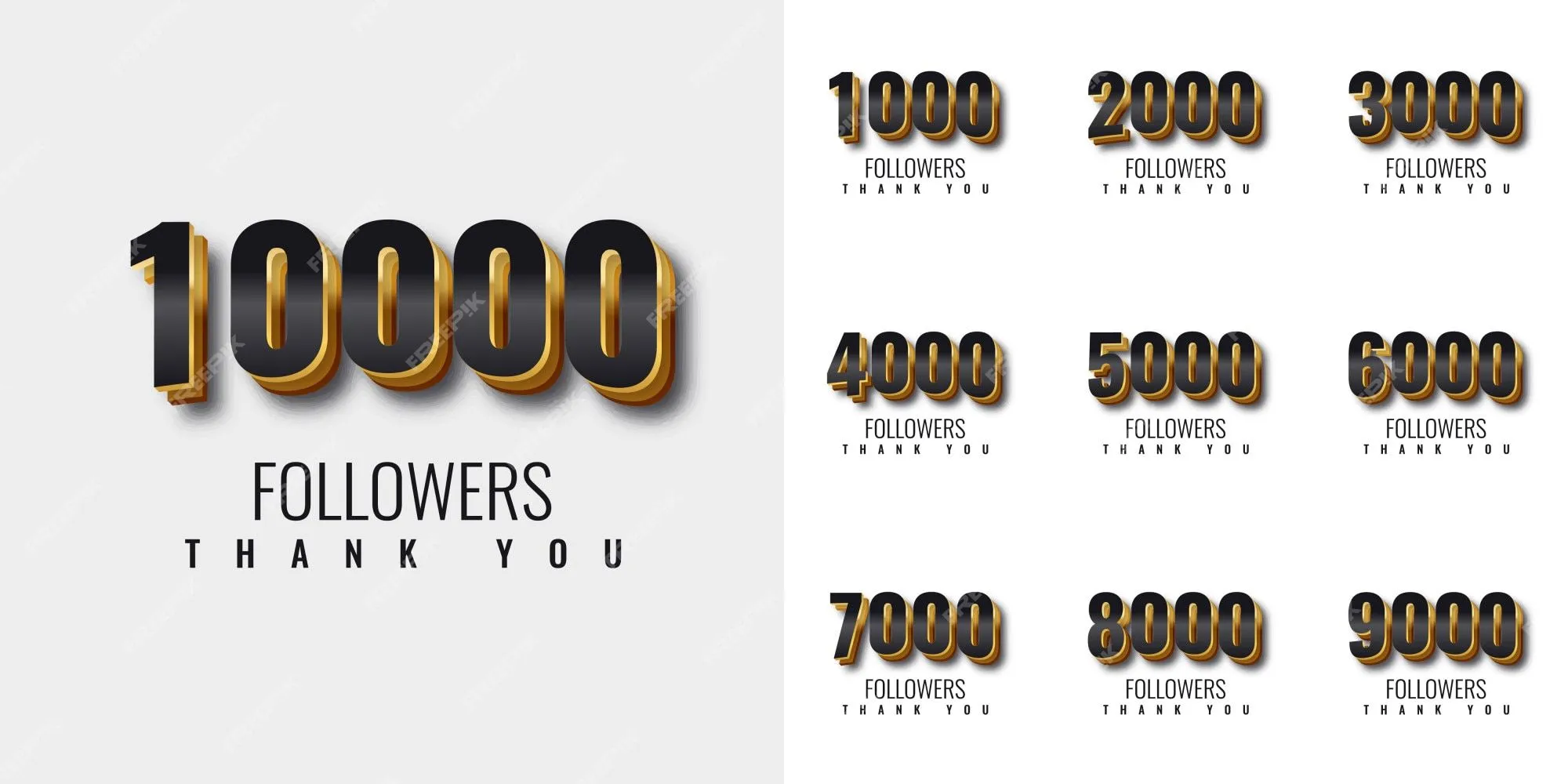 Establecer gracias 1000 seguidores a 10000 seguidores diseño de plantilla  de número de oro | Vector Premium