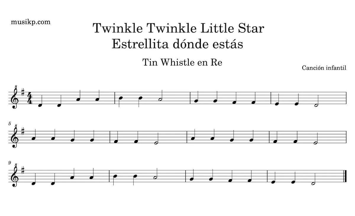 Estrellita dónde estás? – Twinkle twinkle little star. Partitura Tin  Whistle en Re