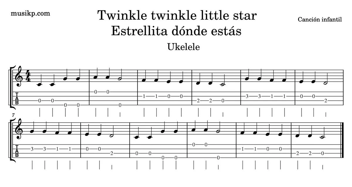 Estrellita dónde estás? – Twinkle twinkle little star. Partitura Ukelele  (punteo)