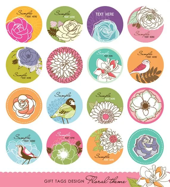Etiquetas vectorizadas circulares con motivos florales - Kabytes