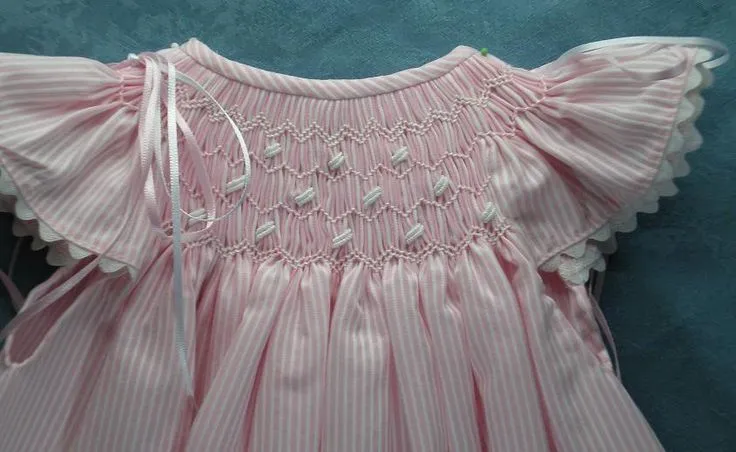 Faldón-vestido de rayas, bordado punto smock (rosa) Ref.9003 ...