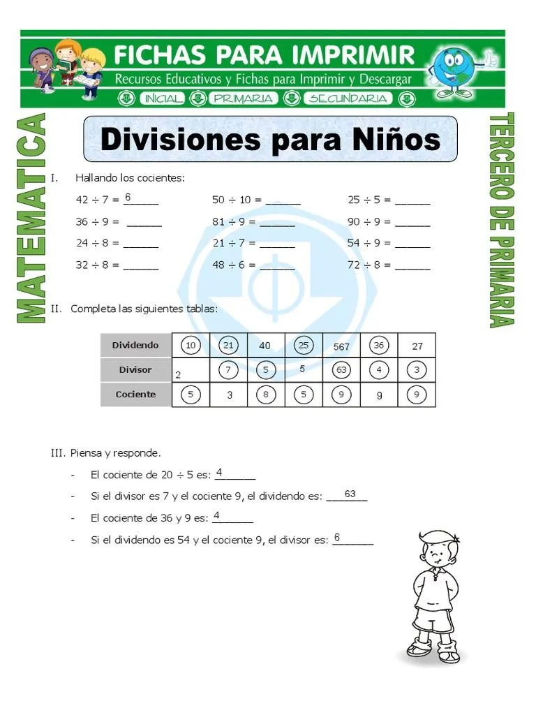 Ficha Divisiones para Niños para Tercero de Primaria | PDF | División  (Matemáticas) | Matemática Elemental