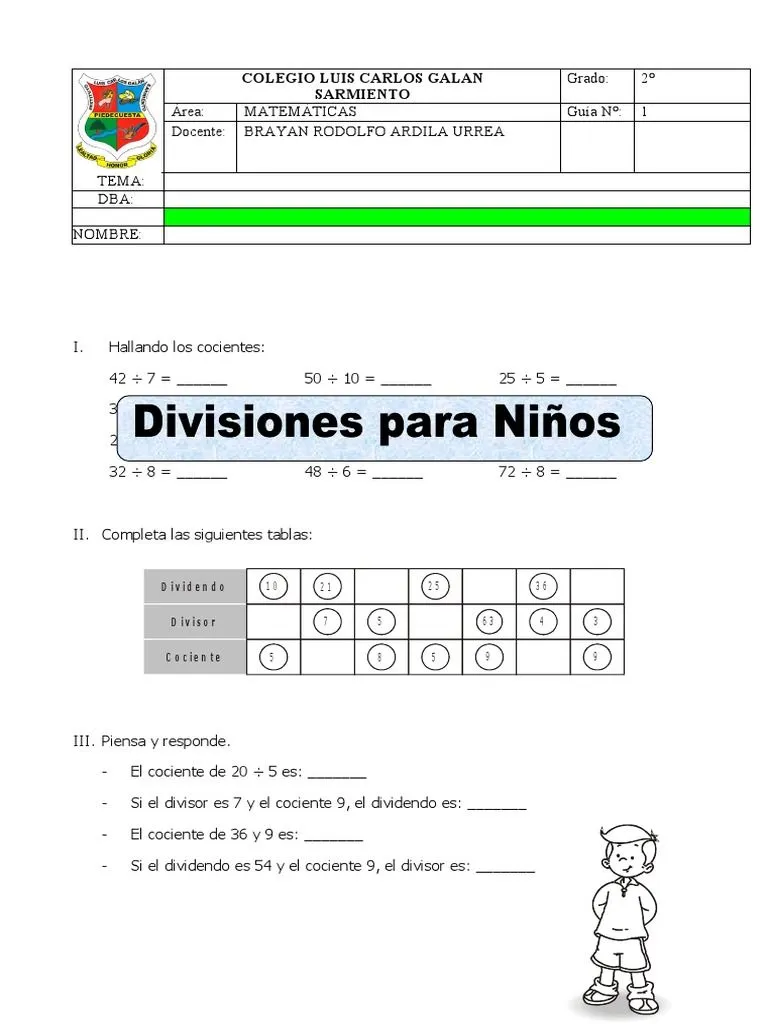 Ficha Divisiones para Niños para Tercero de Primaria | PDF | División  (Matemáticas) | Matemática Elemental