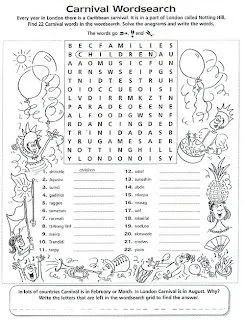 Fichas de Inglés para niños: Sopa de letras del carnaval Fichas de Inglés para niños: Sopa de letras del carnaval