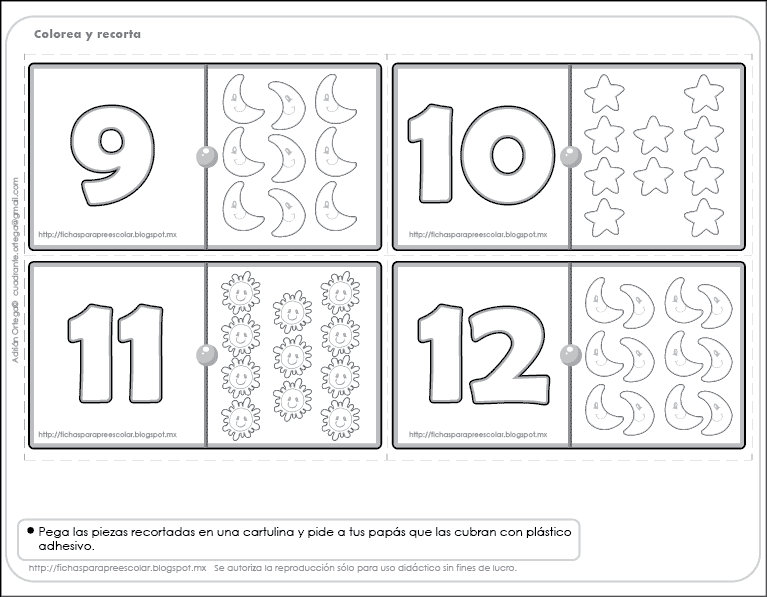 Fichas para preescolar: Números y dominó para colorear 3