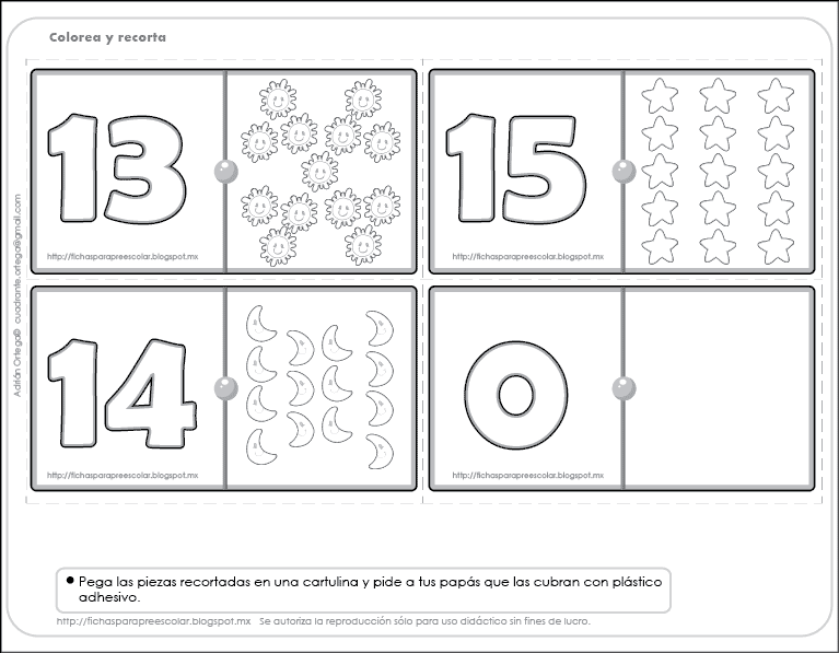 Fichas para preescolar: Números y dominó para colorear 4