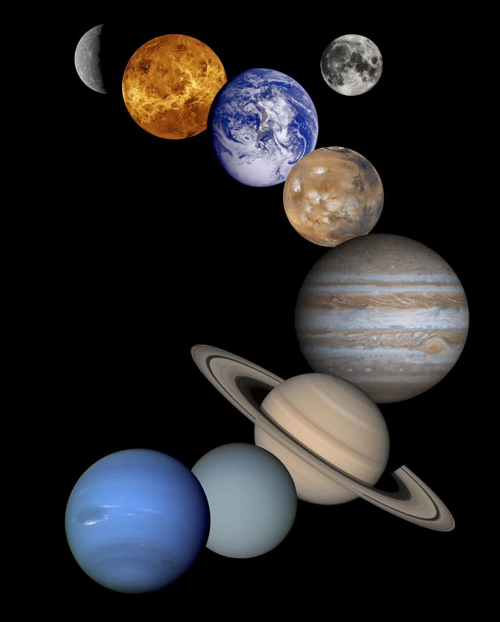 Figura 1 - Mosaico dos planetas do Sistema Solar, incluindo a Lua. Os ...