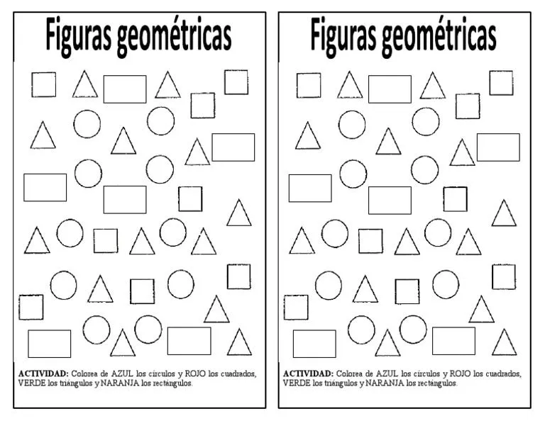 Figuras Geometricas... Colorea de AZUL Los Círculos y ROJO Los Cuadrados,  VERDE Los Triángulos y NARANJA Los Rectángulos. | PDF