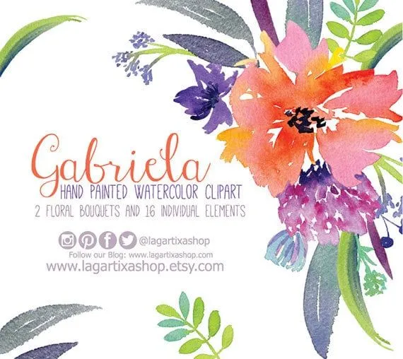 Flores en Acuarela Clipart PNG pintadas a mano por LagartixaShop