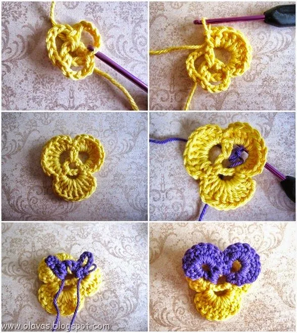 Flores tejidas con ganchillo paso a paso: "Pensamiento" | Crochet ...