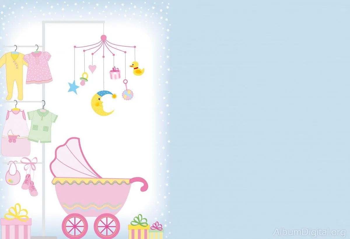 Fondo para álbum de bebés con dibujos de ropa y carrito Fondo para álbum de bebés con dibujos de ropa y carrito