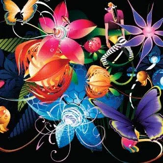 descripcion fondo floral abstracto con flores mariposas y lineas a ...