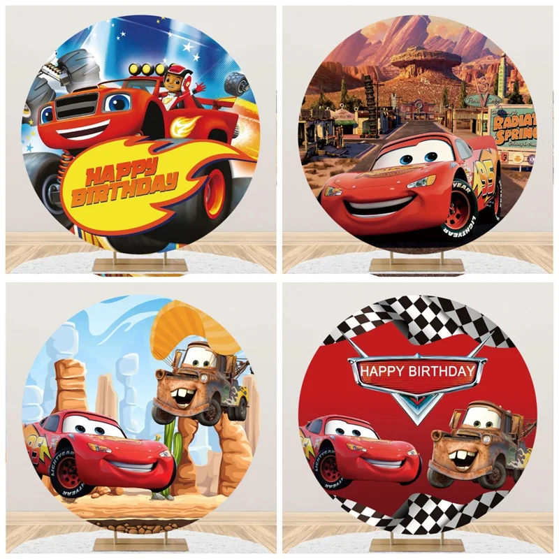 Fondos de fotografía redondos personalizados de Disney Cars Mcqueen Theme  para estudio fotográfico, decoraciones de fiesta de cumpleaños para niños,  fondo - AliExpress