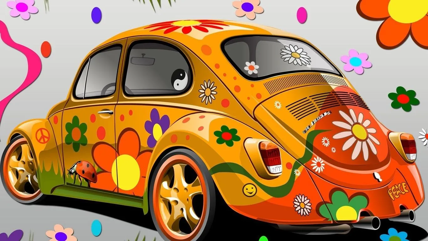 Fondos de pantalla pequeña coche, pintado con flores, primavera, 3d ...