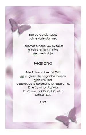 Invitación de 15 años con mariposas en morado. Formato vertical de ...