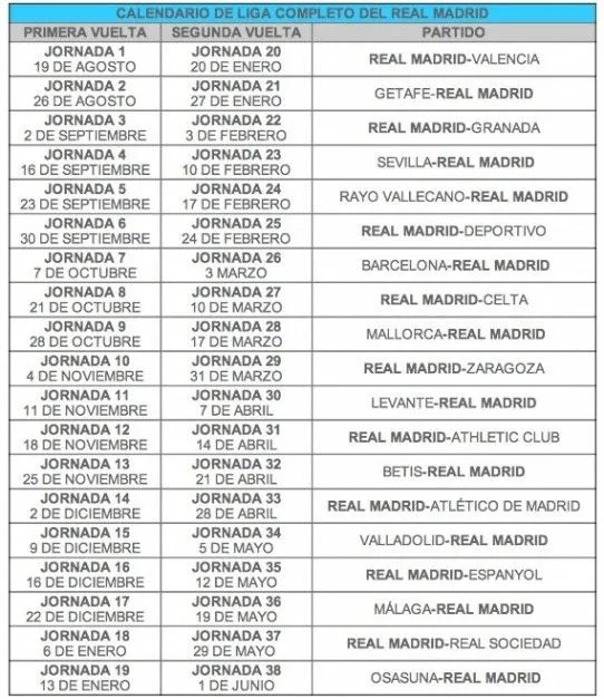 Foto - Calendario de Liga del Real Madrid