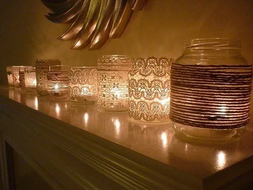 Frascos con velas. Encaje y yute. | Table Decor | Pinterest