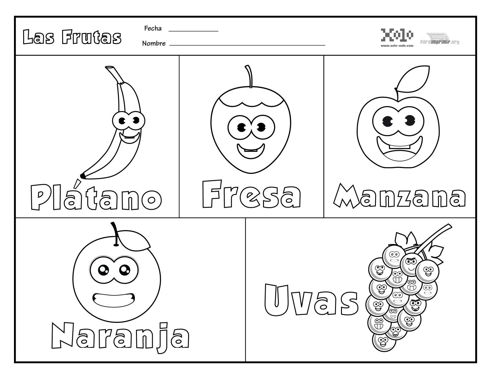 Frutas en español para colorear y para imprimir