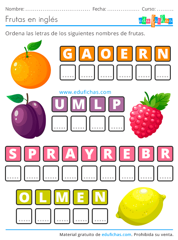 Frutas en Inglés para Niños. Aprender los Nombres de las Frutas【PDF】