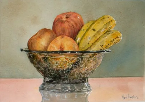 Frutero con manzanas y plátanos - Acuarelas