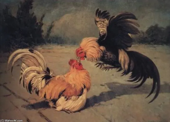 Gallos de pelea" de Enrique Martinez Cubells (1874-1947, Spain)