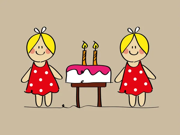 gemelle girlswith una torta di compleanno e candele — Vector stock ...