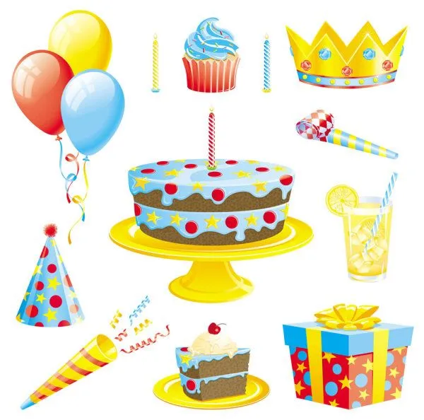Palabras clave: cumpleaños, cena, elementos, globos, pastel, crema ...