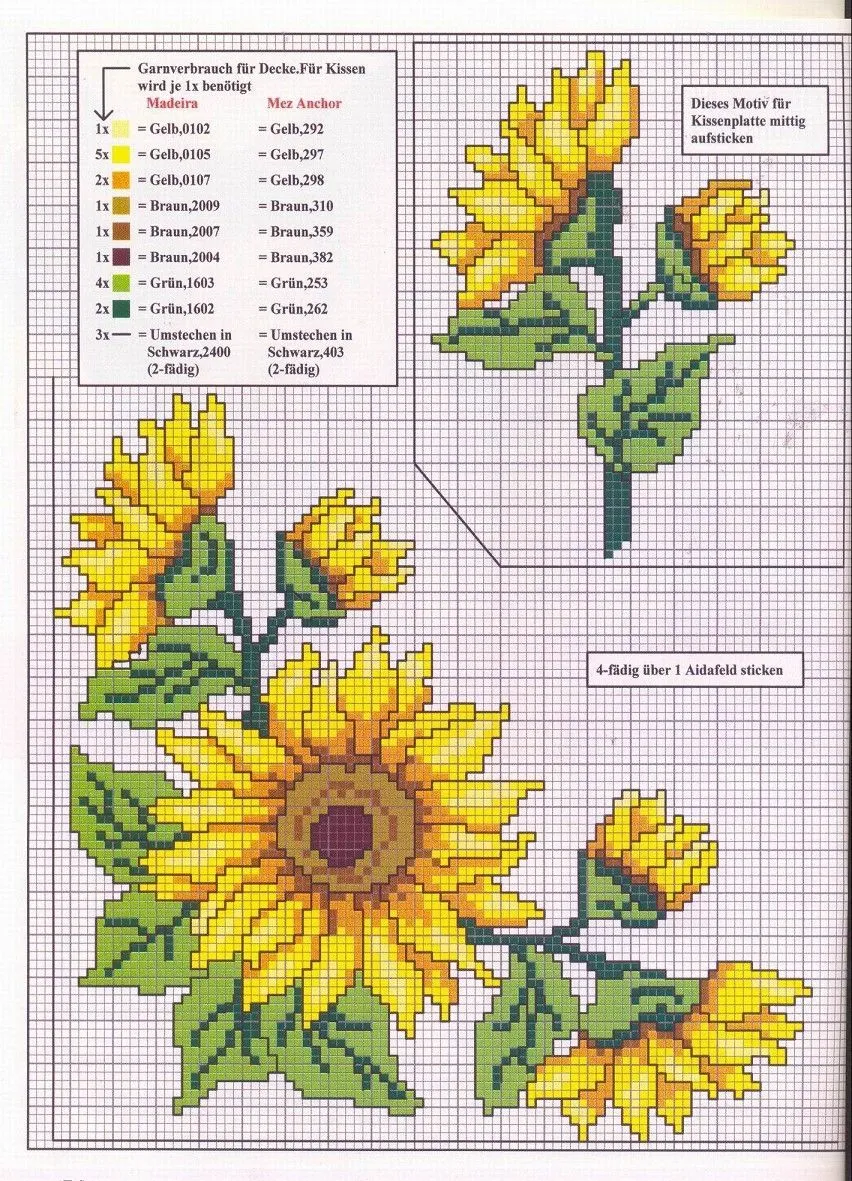 Girasoles en punto de cruz con esquemas | Bordado de boredes ...