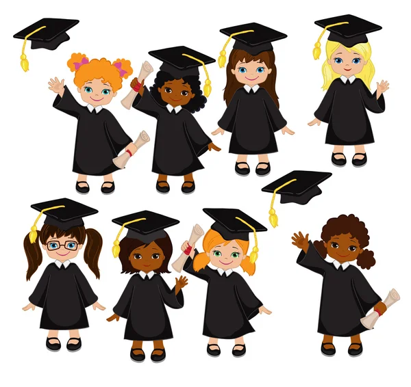 Girls. Set of children in a graduation gown and mortarboard ...