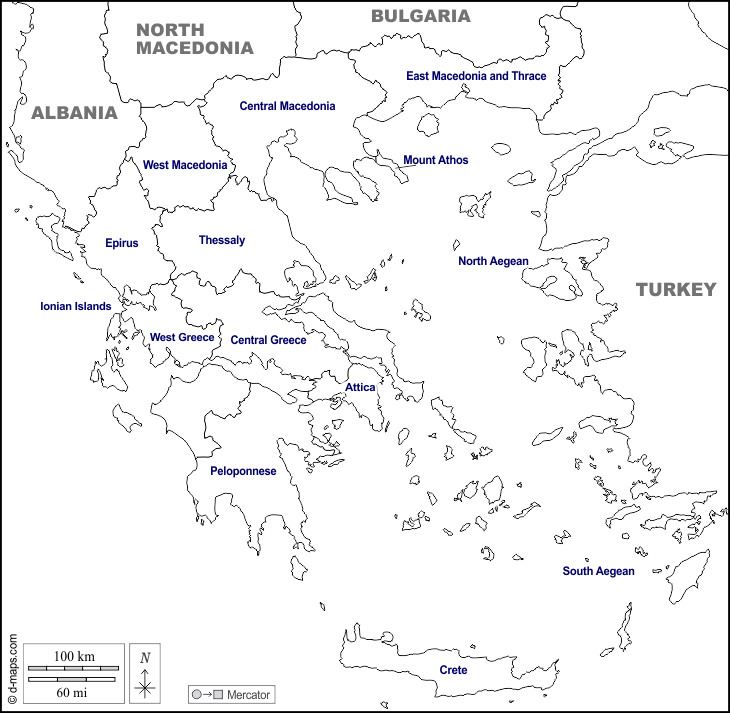 Grecia Mapa gratuito, mapa mudo gratuito, mapa en blanco gratuito,  plantilla de mapa fronteras, regiones, nombres, blanco