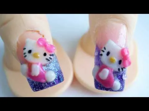 Hello Kitty diseño de uñas acrilicas 3D relieve glitter morada ...
