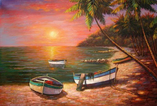 Hermoso paisaje impresionista pintura al óleo en el lado de mar ...