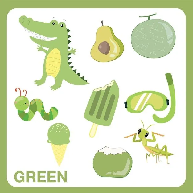 Hoja de trabajo de objetos verdes para niños. educación sobre el color.  archivo de ilustración vectorial. | Vector Premium