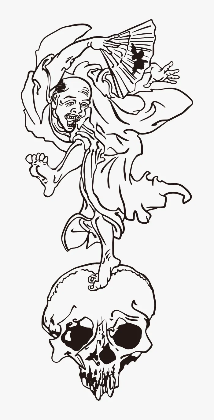 Un hombre bailando sobre una calavera / Dibujo de Kawanabe Kyosai | ai  illustrator file | US$5.00 each | Ai & PNG File